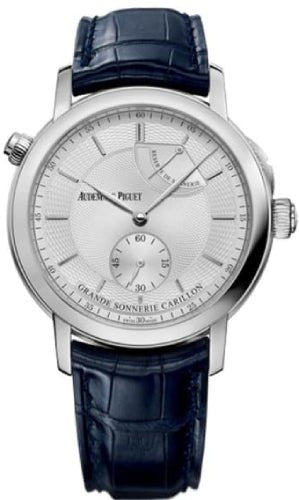 Audemars Piguet Jules Audemars Grande Sonnerie Carillon Silver Guilloche Index Platinum Leather 39mm | 26344PT.OO.D028CR.01 - Luxury Time NYC