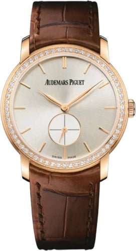 Audemars Piguet Jules Audemars Small Seconds 33mm Silver Index Diamond Bezel Rose Gold Leather | 77239OR.ZZ.A088CR.01 - Luxury Time NYC