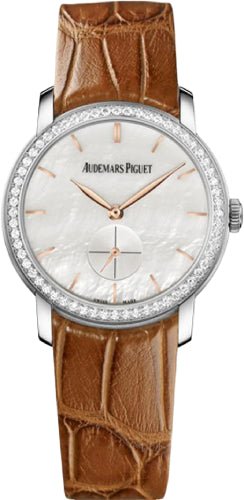 Audemars Piguet Jules Audemars Small Seconds 33mm White Mother of Pearl Index Diamond Bezel White Gold Leather | 77240BC.ZZ.A808CR.01 - Luxury Time NYC