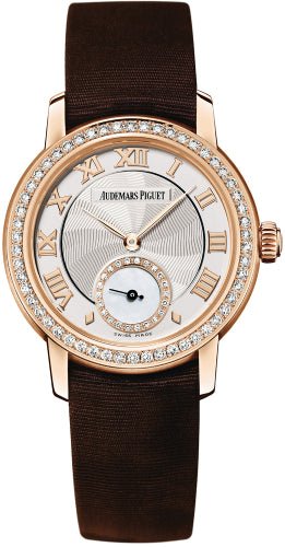 Audemars Piguet Jules Audemars Small Seconds Pink Gold Silver Roman Dial & Diamond Bezel Silk Bracelet | 77228OR.ZZ.A082MR.01 - Luxury Time NYC