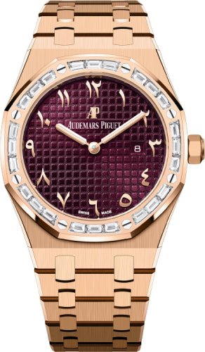 Audemars Piguet Royal Oak 33mm Rose Gold Diamond Baguette Bezel Purple Dial | 67656OR.ZZ.1261OR.01 - Luxury Time NYC