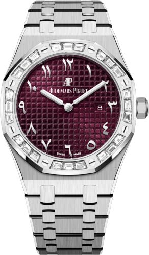 Audemars Piguet Royal Oak 33mm White Gold Diamond Baguette Bezel Purple Dial - 67656BC.ZZ.1261BC.01 - Luxury Time NYC