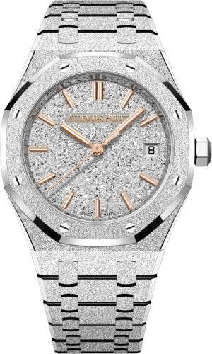 Audemars Piguet Royal Oak 34 mm Frosted Gold Selfwinding Rhodium Crystal Sand Dial | 77450BC.GG.1361BC.01 - Luxury Time NYC