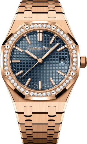 Audemars Piguet Royal Oak 34mm Rose Gold Blue Dial Diamond Bezel | 77451OR.ZZ.1361OR.04 - Luxury Time NYC