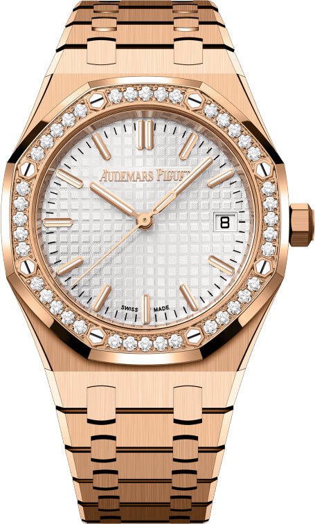 Audemars Piguet Royal Oak 34mm Rose Gold Silver Dial Diamond Bezel Watch - 77451OR.ZZ.1361OR.03 - Luxury Time NYC