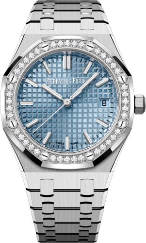 Audemars Piguet Royal Oak 34mm Stainless Steel Light Blue Dial Diamond Bezel Watch | 77451ST.ZZ.1361ST.03 - Luxury Time NYC