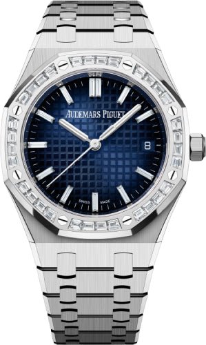 Audemars Piguet Royal Oak 34mm White Gold Diamond Set Bezel Blue Diamond Baguette Dial Watch - 77451BC.ZZ.1261BC.01 - Luxury Time NYC