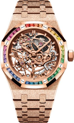 Audemars Piguet Royal Oak 37mm Frosted Gold Double Balance Wheel Openworked Rose Gold Rainbow Sapphire - 15468OR.YG.1259OR.01 - Luxury Time NYC