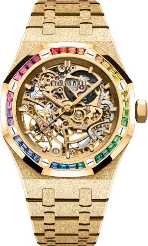 Audemars Piguet Royal Oak 37mm Frosted Gold Double Balance Wheel Openworked Yellow Gold Rainbow Sapphire Dial | 15468BA.YG.1259BA.01 - Luxury Time NYC