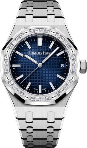 Audemars Piguet Royal Oak 37mm White Gold Diamond Set Bezel Blue Diamond Baguette Dial - 15551BC.ZZ.1356BC.01 - Luxury Time NYC