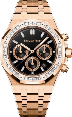 Audemars Piguet Royal Oak 38mm Chronograph Rose Gold Diamond Set Bezel Black Onyx Diamond Baguette Dial - 26715OR.ZZ.1356OR.02 - Luxury Time NYC