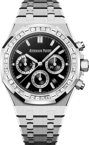 Audemars Piguet Royal Oak 38mm Chronograph White Gold Diamond Set Bezel Black Onyx Diamond Baguette Dial - 26715BC.ZZ.1356BC.02 - Luxury Time NYC