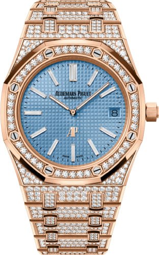 Audemars Piguet Royal Oak 39mm Extra - Thin Rose Gold Light Blue Diamond - 15202OR.ZZ.1241OR.01 - Luxury Time NYC