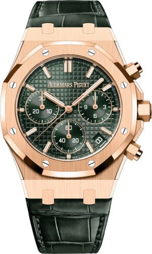 Audemars Piguet Royal Oak 41mm Chronograph "50th Anniversary" Rose Gold Khaki Green Dial Leather Strap - 26240OR.OO.D404CR.01 - Luxury Time NYC