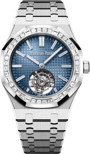 Audemars Piguet Royal Oak 41mm Flying Tourbillon White Gold Diamond Set Bezel Blue Diamond Baguette Dial - 26730BC.ZZ.1320BC.02 - Luxury Time NYC