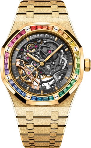 Audemars Piguet Royal Oak 41mm Frosted Gold Double Balance Wheel Openworked Yellow Gold Rainbow Gem - set Bezel | 15412BA.YG.1224BA.01 - B - Luxury Time NYC