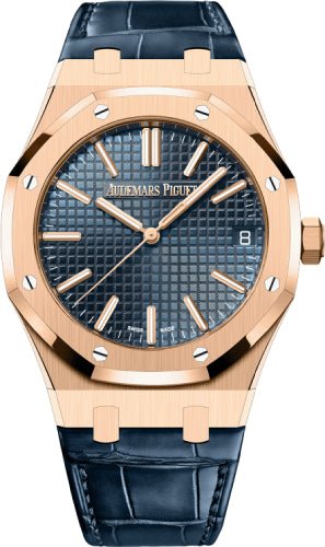 Audemars Piguet Royal Oak 41mm Rose Gold Blue Dial Leather Strap Watch | 15510OR.OO.D315CR.02 - Luxury Time NYC