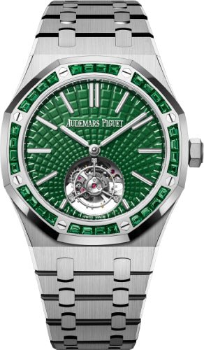 Audemars Piguet Royal Oak 41mm Selfwinding Flying Tourbillon Titanium Green Dial Emerald Bezel 26532IC.EE.1220TI.01 - Luxury Time NYC