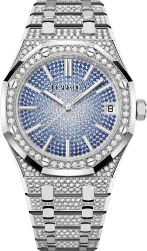 Audemars Piguet Royal Oak "50th Anniversary" 41mm White Gold/Diamond Sapphire Paved Dial | 15512BC.ZZ.1322BC.01 - Luxury Time NYC