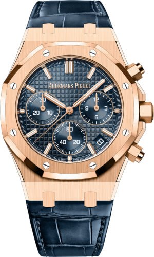 Audemars Piguet Royal Oak Chronograph "50th Anniversary" Rose Gold Blue Dial 41mm Leather Strap | 26240OR.OO.D315CR.01 - Luxury Time NYC