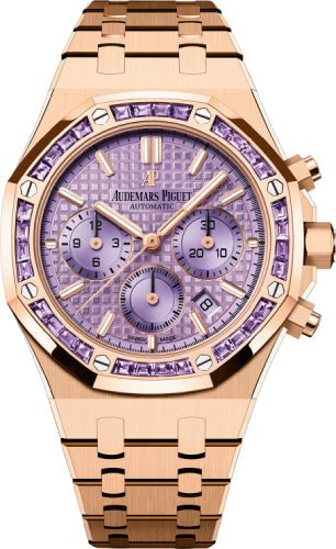 Audemars Piguet Royal Oak Chronograph Rose Gold Gem Set 38mm Bezel Purple DIal | 26319OR.AY.1256OR.01 - Luxury Time NYC