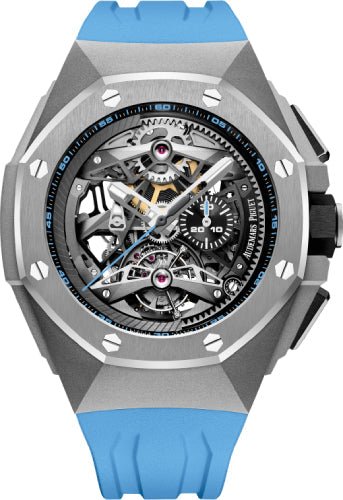 Audemars Piguet Royal Oak Concept Tourbillon 44 mm Chronograph Openworked Selfwinding Titanium Black Blue Rubber - 26587TI.OO.D031CA.01 - Luxury Time NYC