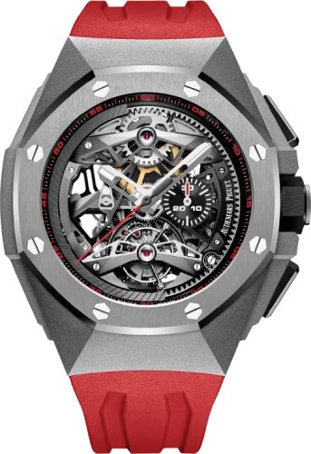 Audemars Piguet Royal Oak Concept Tourbillon 44 mm Chronograph Openworked Selfwinding Titanium Black Red Rubber - 26587TI.OO.D067CA.01 - Luxury Time NYC