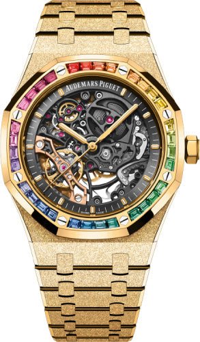 Audemars Piguet Royal Oak Frosted Gold Double Balance Wheel Openworked Yellow Gold 41mm Rainbow Gem - set Bezel | 15412BA.YG.1224BA.01 - Luxury Time NYC