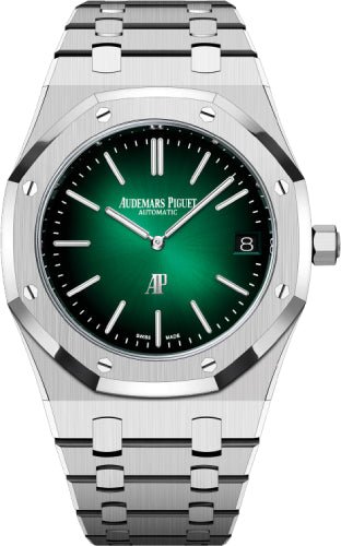 Audemars Piguet Royal Oak Jumbo Extra - Thin 39mm "50th Anniversary" Platinum Green Dial | 16202PT.OO.1240PT.01 - Luxury Time NYC