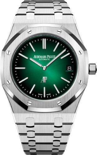 Audemars Piguet Royal Oak "Jumbo Extra - Thin" 39mm Platinum Green Dial Bracelet - 15202PT.OO.1240PT.01 - Luxury Time NYC