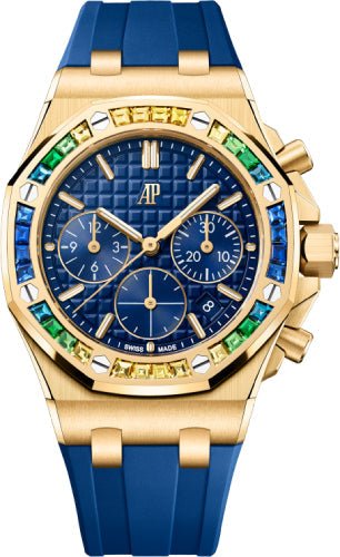 Audemars Piguet Royal Oak Offshore 37 mm Chronograph Yellow Gold Sapphires Bezel Blue Dial - 26236BA.YY.D346CA.01 - Luxury Time NYC