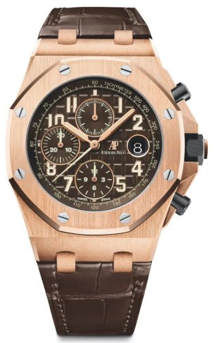 Audemars Piguet Royal Oak Offshore 42mm Selfwinding Chronograph Rose Gold Brown Arabic Dial Leather Bracelet - 26470OR.OO.A099CR.01 - Luxury Time NYC