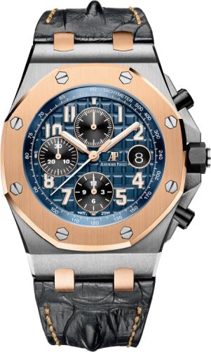 Audemars Piguet Royal Oak Offshore 42mm Selfwinding Chronograph Stainless Steel Blue Dial Rose Gold Bezel & Leather Strap - 26471SR.OO.D101CR.01 - Luxury Time NYC