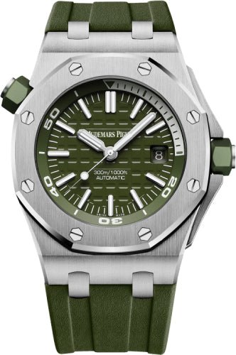 Audemars Piguet Royal Oak Offshore Diver Khaki Index Stainless Steel Rubber 42mm | 15710ST.OO.A052CA.01 - Luxury Time NYC