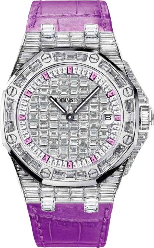 Audemars Piguet Royal Oak Offshore Quartz 37mm Diamond Pave Pink Sapphires White Gold Leather | 67543BC.ZZ.DXXXCR.01 - Luxury Time NYC