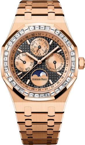 Audemars Piguet Royal Oak Perpetual Calendar Rose Pink Gold Black Dial Diamond Bezel 26614OR.ZZ.1220OR.01 - Luxury Time NYC