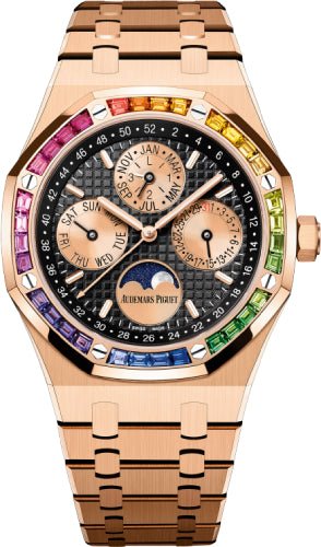 Audemars Piguet Royal Oak Pink Rose Gold Perpetual Calendar Rainbow Sapphires Bezel 26614OR.YY.1220OR.01 - Luxury Time NYC