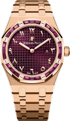 Audemars Piguet Royal Oak Quartz 33mm - Rose Gold Garnet Baguette Bezel Purple Dial | 67656OR.GR.1261OR.01 - Luxury Time NYC