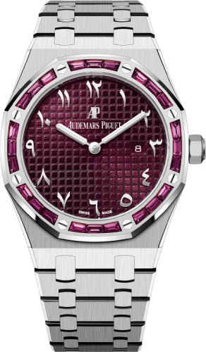 Audemars Piguet Royal Oak Quartz 33mm White Gold Garnet Baguette Bezel - Purple Dial - 67656BC.GR.1261BC.01 - Luxury Time NYC