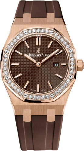 Audemars Piguet Royal Oak Quartz Ladies Rose Gold Brown Index Diamond Bezel 33mm Rubber | 67651OR.ZZ.D080CA.01 - Luxury Time NYC