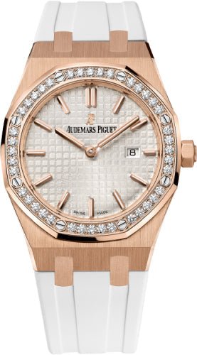 Audemars Piguet Royal Oak Quartz Ladies Rose Gold Silver Index Diamond Bezel 33mm White Rubber | 67651OR.ZZ.D010CA.01 - Luxury Time NYC