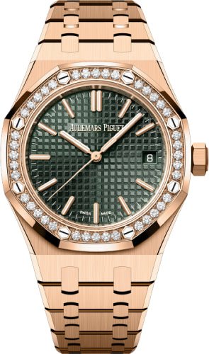 Audemars Piguet Royal Oak Rose Gold Khaki Green Dial 37mm Diamond Bezel | 15551OR.ZZ.1356OR.06 - Luxury Time NYC