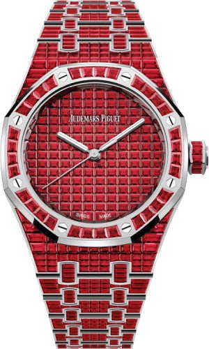 Audemars Piguet Royal Oak Selfwinding Ruby 37mm "50th Anniversary" White Gold Red Dial | 15554BC.RR.1274BC.01 - Luxury Time NYC