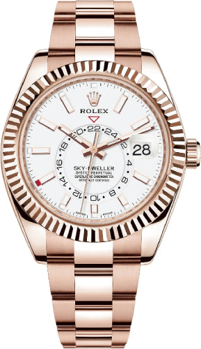 Rolex Sky-Dweller Rose Gold White Index Dial Fluted Bezel Oyster Bracelet 326935