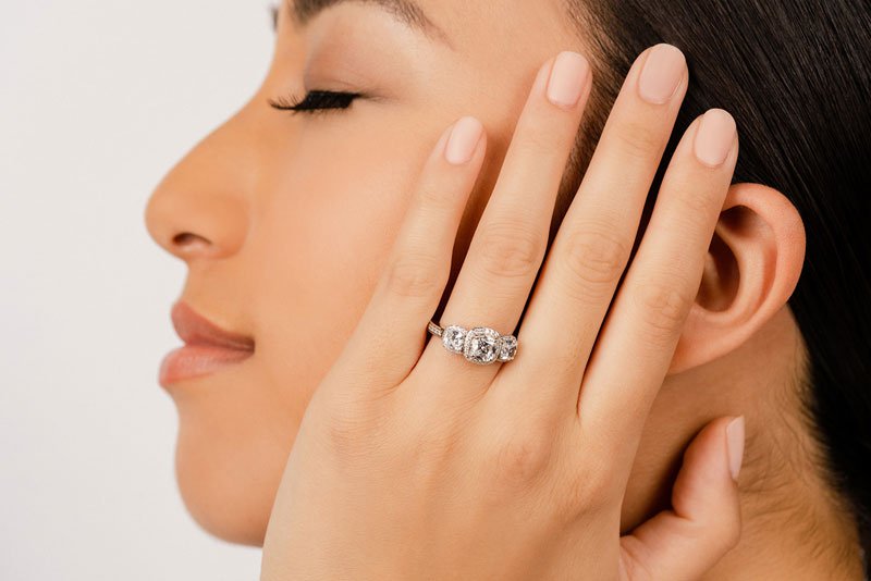 Classic Three Stone Cushion Cut Diamond Halo Lab - Grown Diamond Ring with 1.82 ct. (1.00 ct. center diamond) - Luxury Time NYC