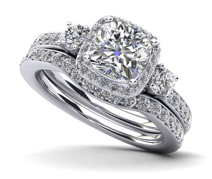 Cushion Cut Halo Diamond Bridal Set Ring with Side Stones Lab - Grown Diamond with 2.32 ct. (1.50 ct. center diamond) - Luxury Time NYC