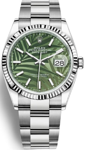 Rolex Datejust 36 White Gold/Steel Green Palm Motif Index Dial & Fluted Bezel Oyster Bracelet 126234