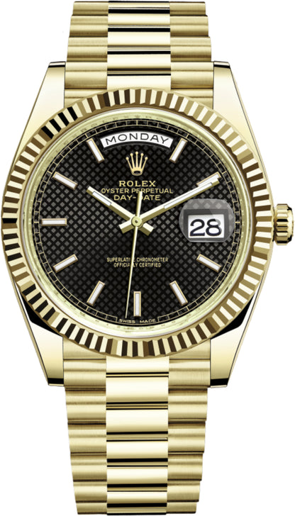 Rolex Day-Date 40 Yellow Gold Black Diagonal Motif Index Dial & Fluted Bezel President Bracelet 228238 -