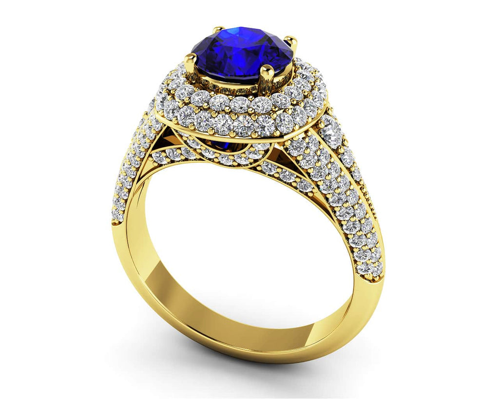 Double Halo Diamonds And Gem Anniversary Lab - Grown Diamond Ring with 1.66 ct.(finished) Sapphire - Luxury Time NYC