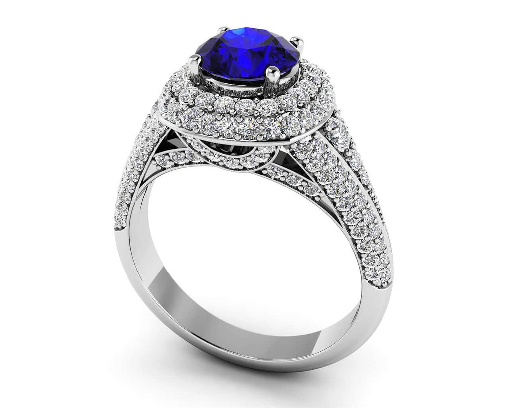 Double Halo Diamonds And Gem Anniversary Lab - Grown Diamond Ring with 1.66 ct.(finished) Sapphire - Luxury Time NYC